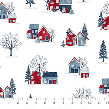 Village Folk White Small Houses 45" Flannel Cotton Fabric per yard