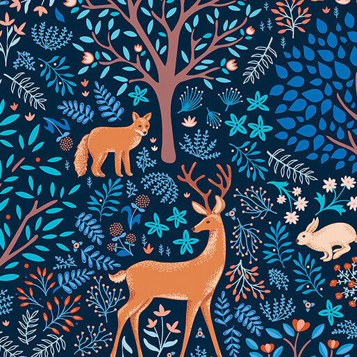 Flora & Fauna: Midnight - Feature - Sapphire 44" / 45" Fabric per yard