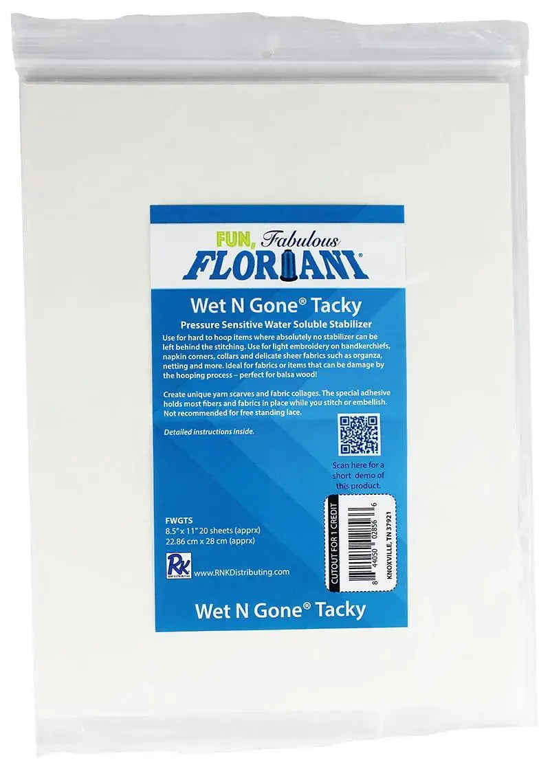 Floriani Wet N Gone Tacky 20 - Printable Sheets - 8.5" x 11" - Linda's Electric Quilters