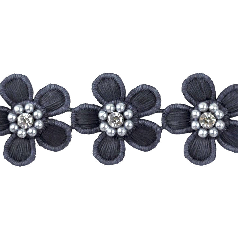 Flower Trim with Pearl Rhinestone - 1 1/2" Width (15 Yard Roll) - BFT-1200-05 Navy Blue