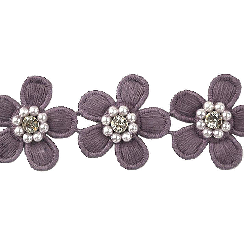 Flower Trim with Pearl Rhinestone - 1 1/2" Width (15 Yard Roll) - BFT-1200-26 Purple