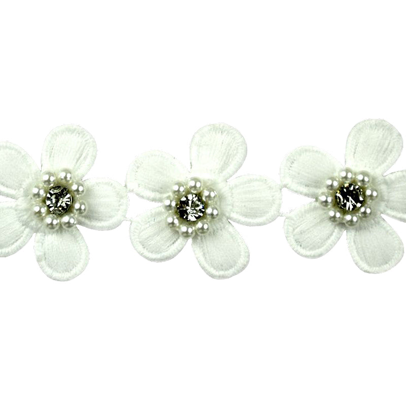 Flower Trim with Pearl Rhinestone - 1 1/2" Width (15 Yard Roll) - BFT-1200-27 White