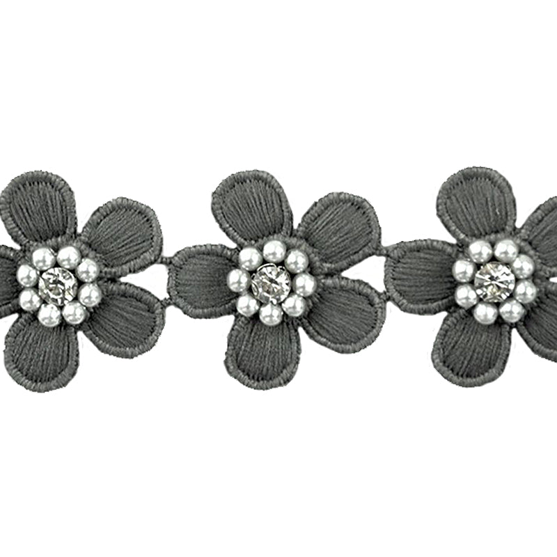 Flower Trim with Pearl Rhinestone - 1 1/2" Width (15 Yard Roll) - BFT-1200-49 Grey