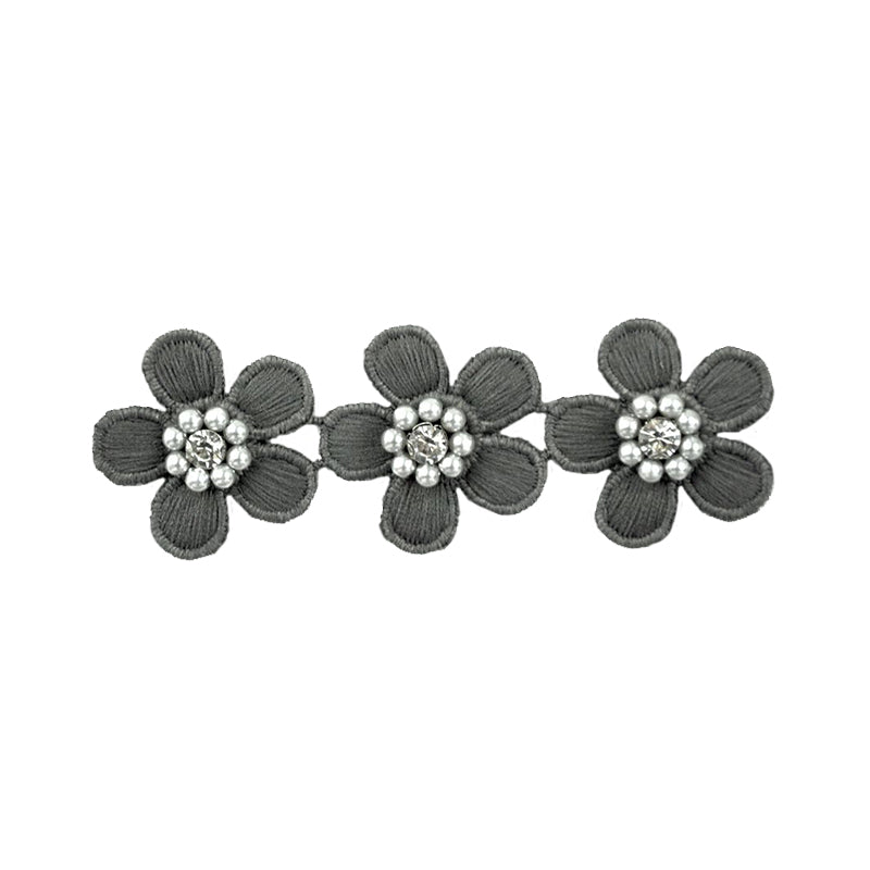 Flower Trim with Pearl Rhinestone - 1 1/2" Width (15 Yard Roll) - BFT-1200-49 Grey