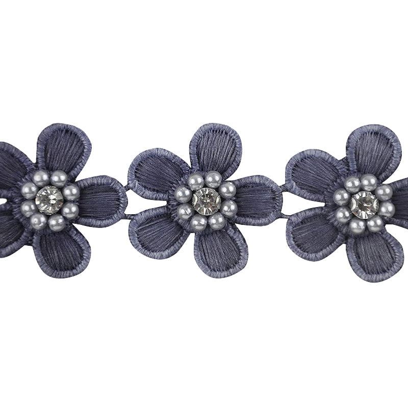 Flower Trim with Pearls & Rhinestone Embellishments, 1.5-inch X 5 Yards - For Sewing & DIY Crafts
