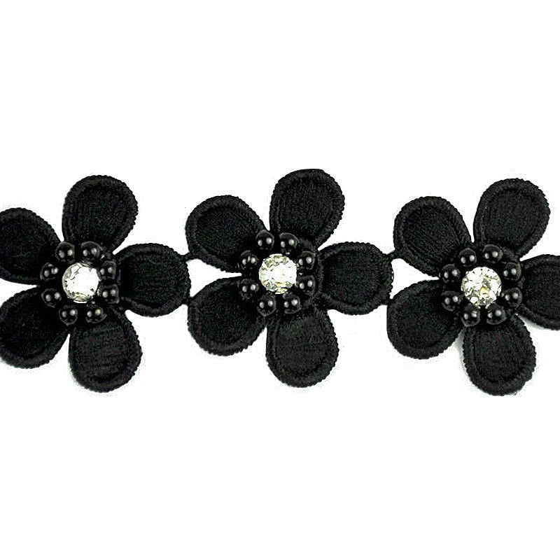 Flower Trim with Pearls & Rhinestone Embellishments, 1.5-inch X 5 Yards - For Sewing & DIY Crafts