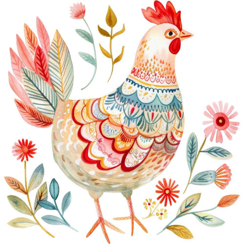 Folk Chicken Fabric Panel 14 QuiltingFabricPanels