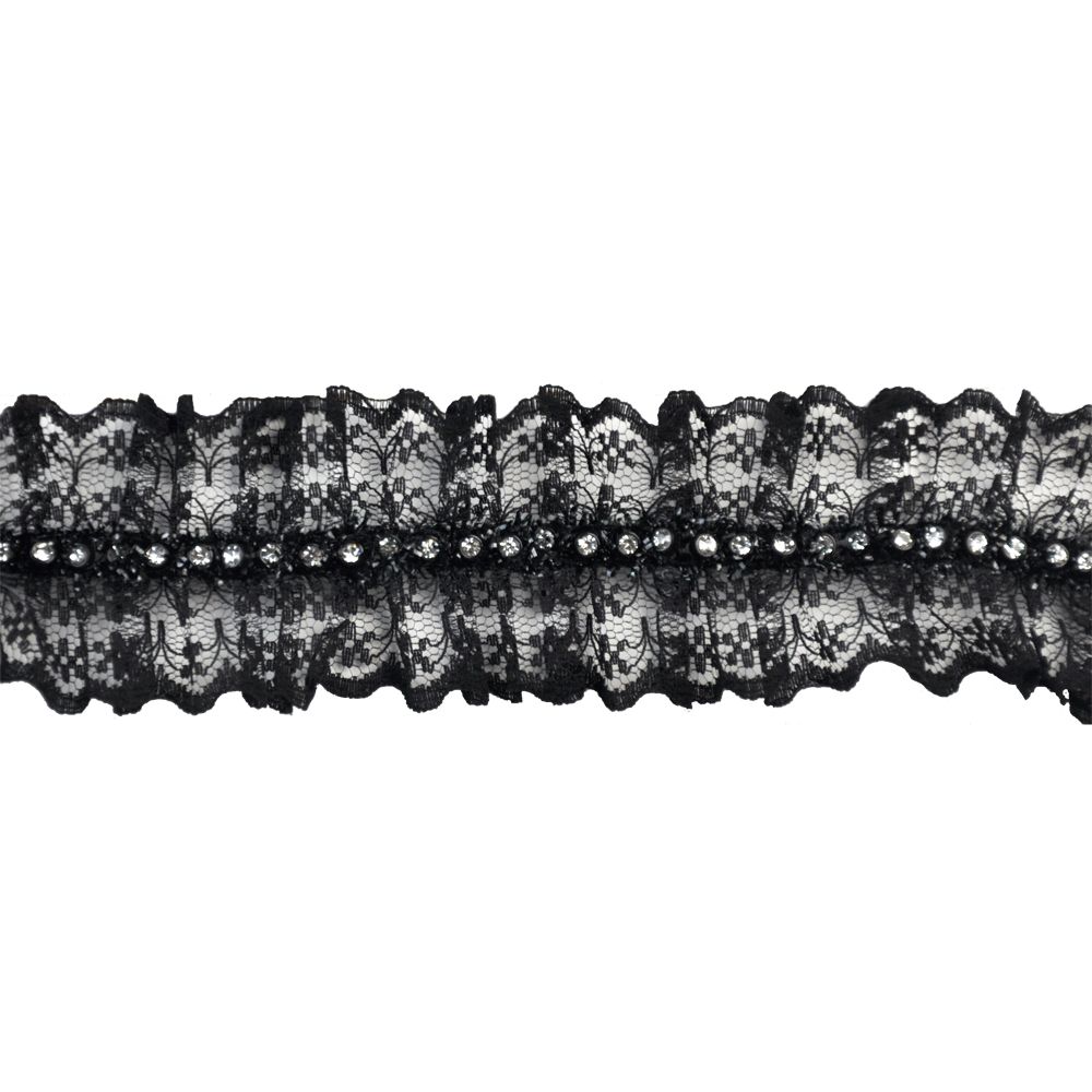 Gathered Lace- 1 3/4" wide- Lace Rhinestone Trim-BLR-101-02