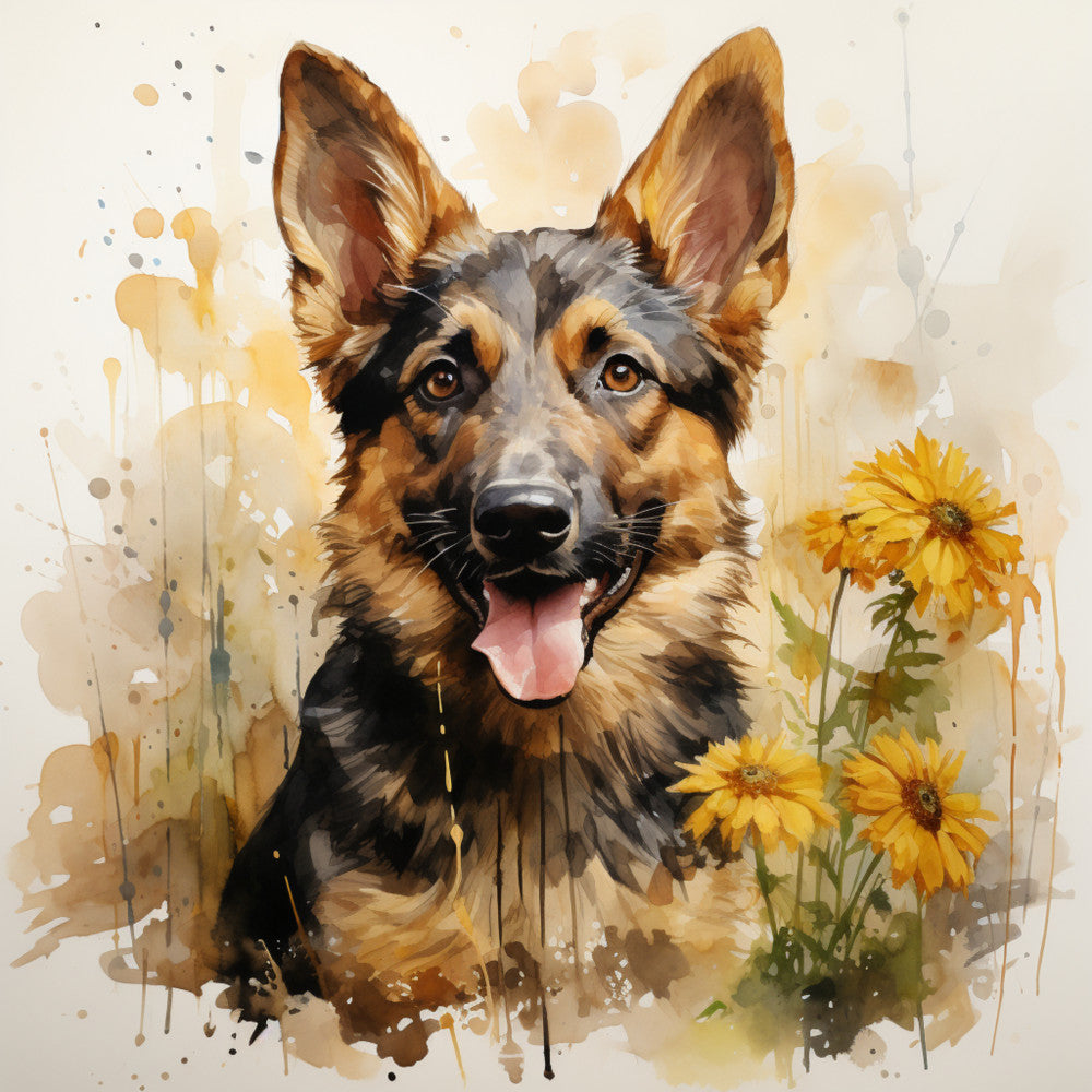 German Shepherd with Flowers Fabric Panel 7 QuiltingFabricPanels