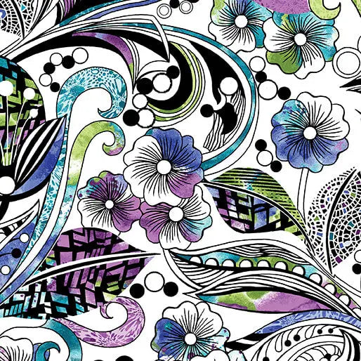 Go with the Flow Floral Swirl White/Multi Cotton 44"/45" Fabric Per Yard Benartex Inc