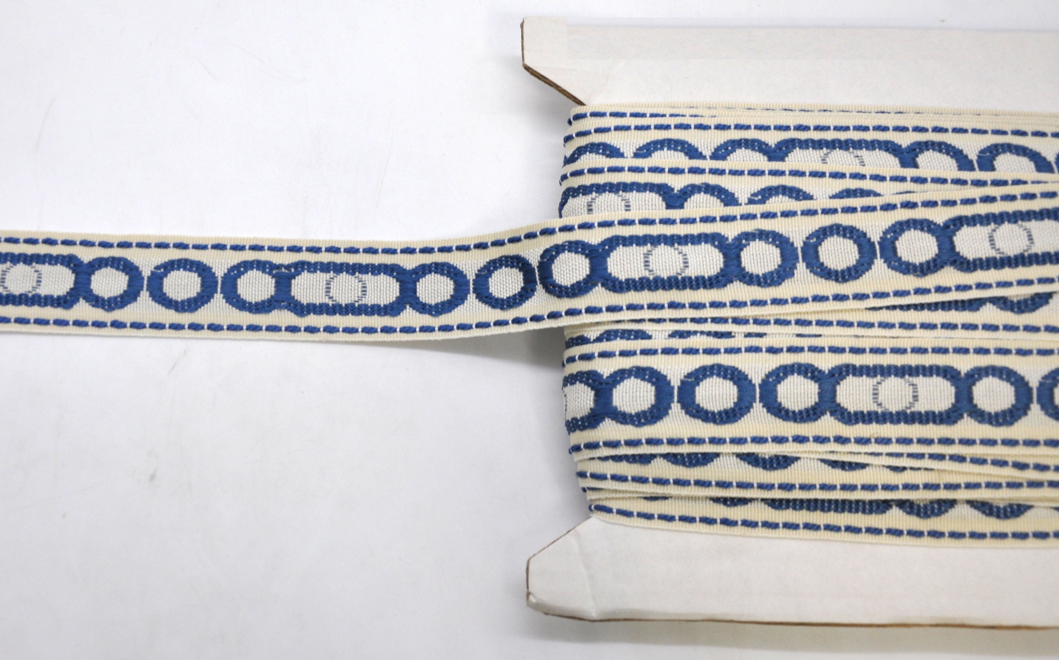 Godiva Collection - 1 1/2" width CIRCLE PATTERN BRAID (25 Yard Roll) - BR-7097-05/24 Navy Blue and Ivory