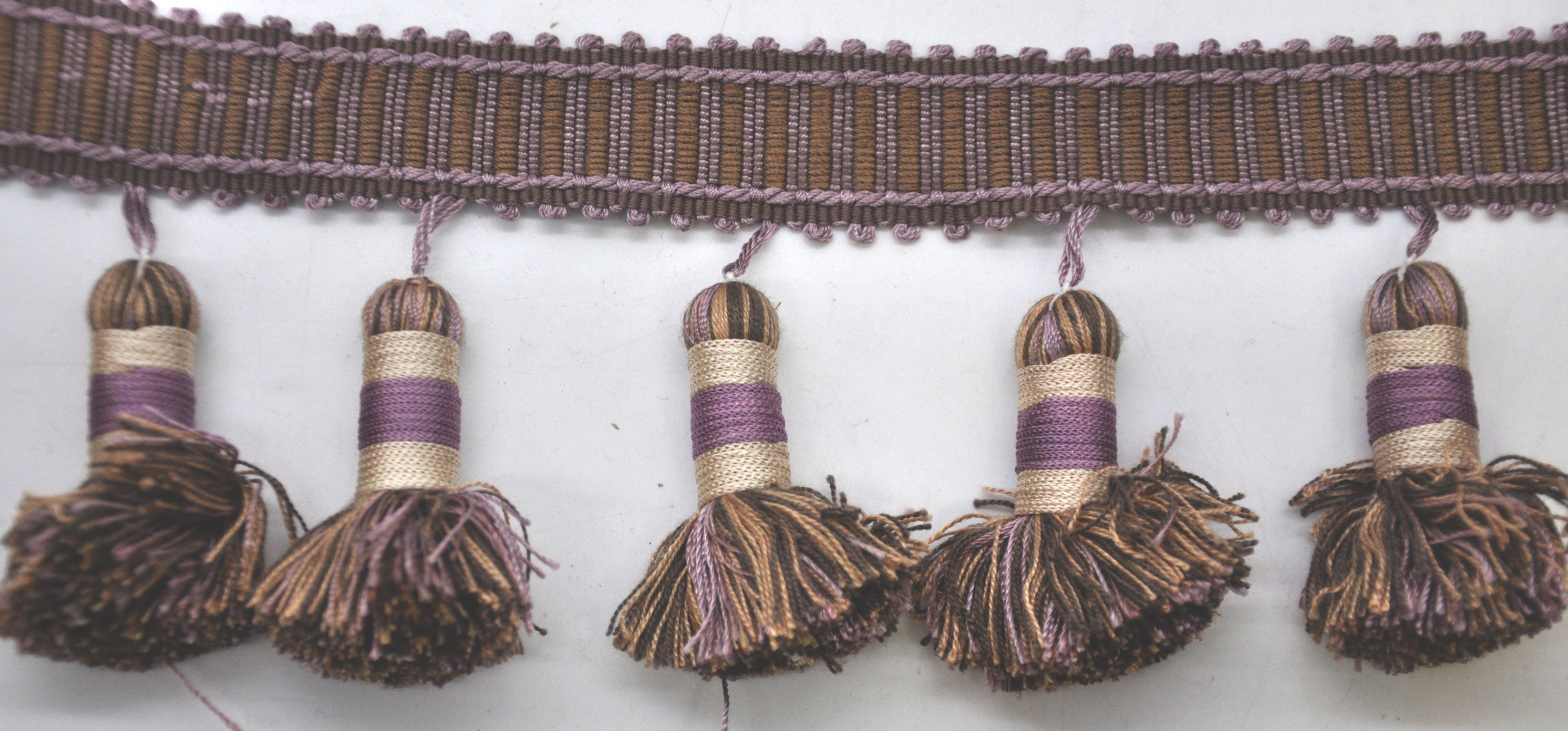 Godiva Collection - 2 1/2" length SMALL TASSEL FRINGE (25 Yard Roll) - BF-4099-21/38 Lilac and Toffee