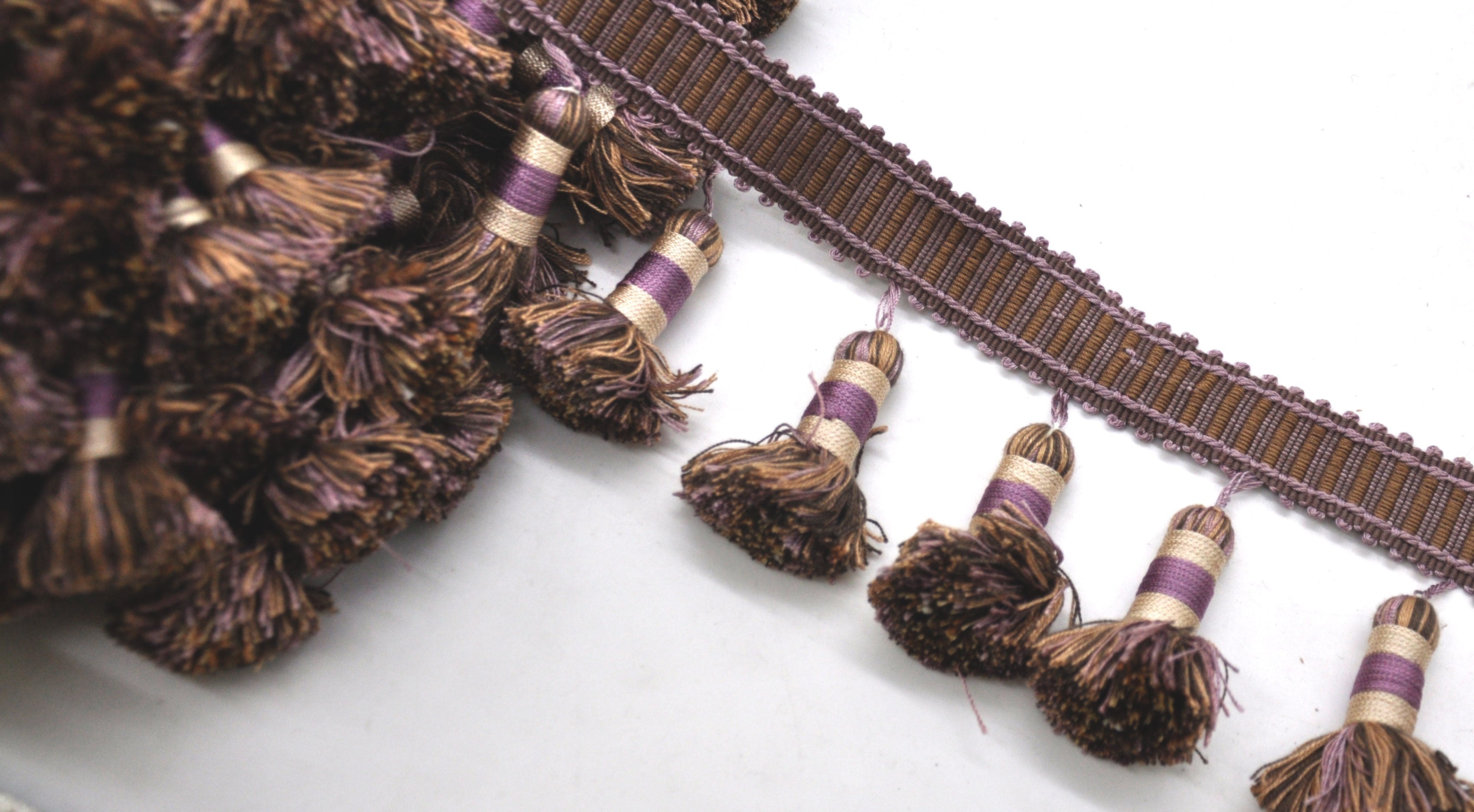 Godiva Collection - 2 1/2" length SMALL TASSEL FRINGE (25 Yard Roll) - BF-4099-21/38 Lilac and Toffee