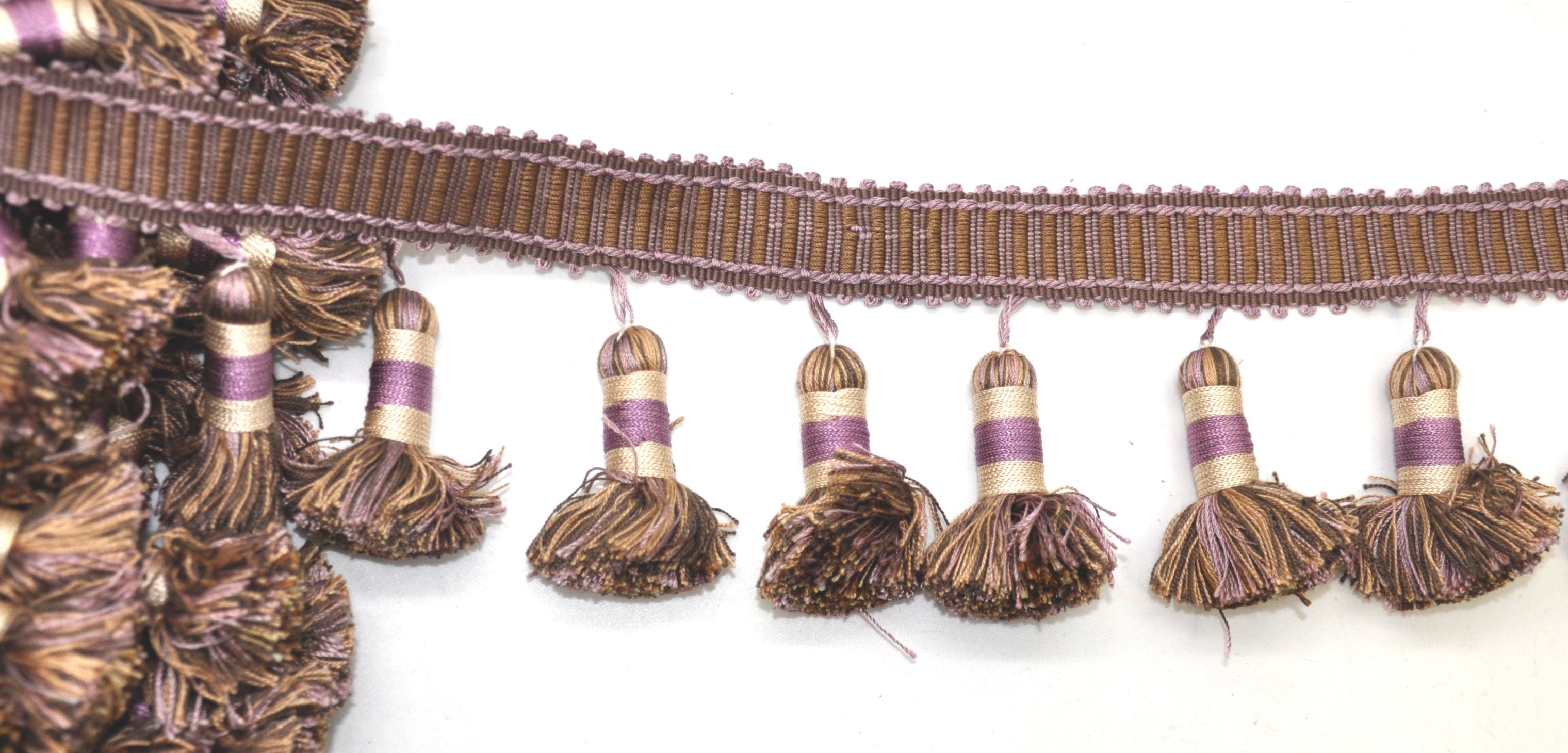 Godiva Collection - 2 1/2" length SMALL TASSEL FRINGE (25 Yard Roll) - BF-4099-21/38 Lilac and Toffee