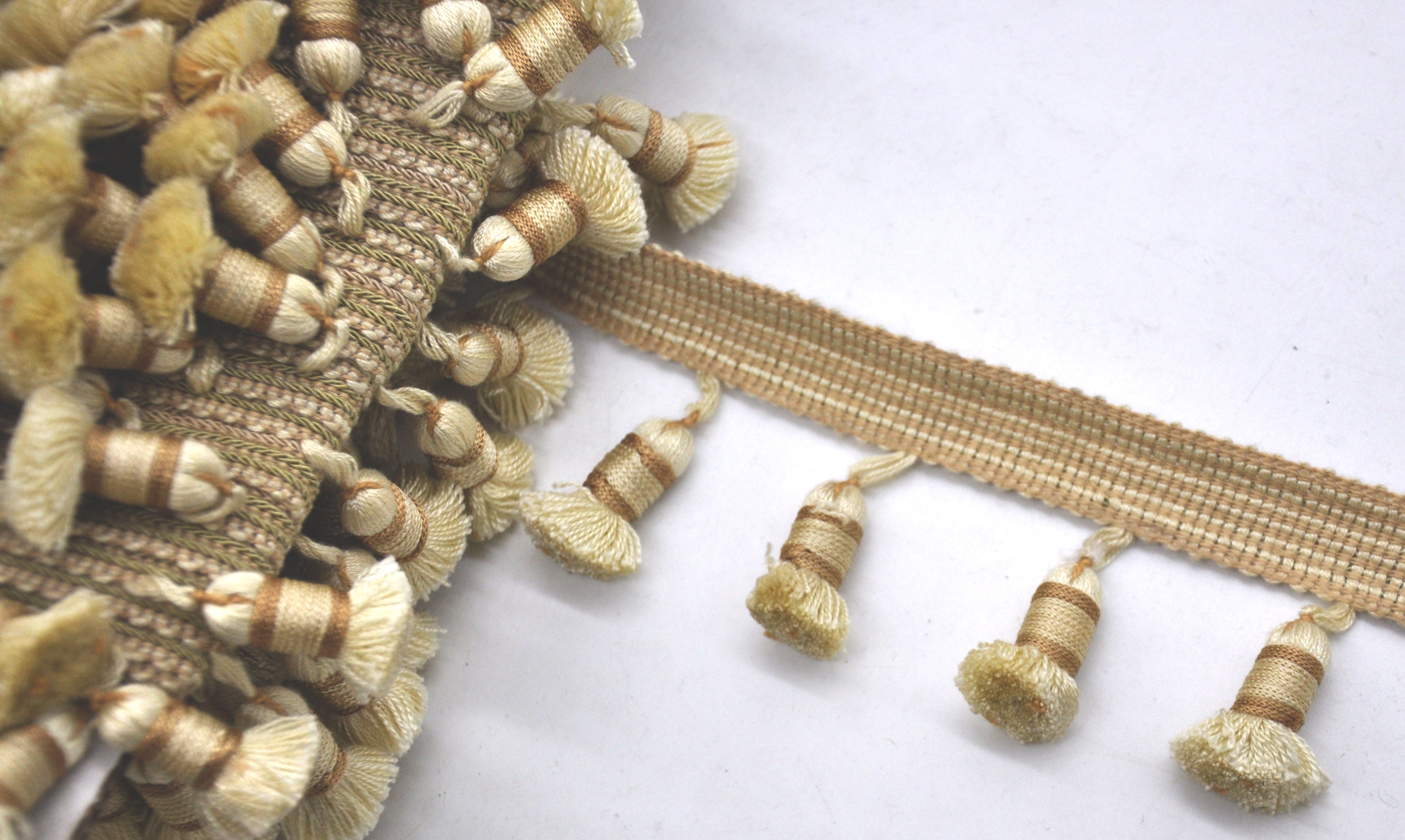 Godiva Collection - 2 1/2" length SMALL TASSEL FRINGE (25 Yard Roll) - BF-4099-63/61 Moss Green and Mocha