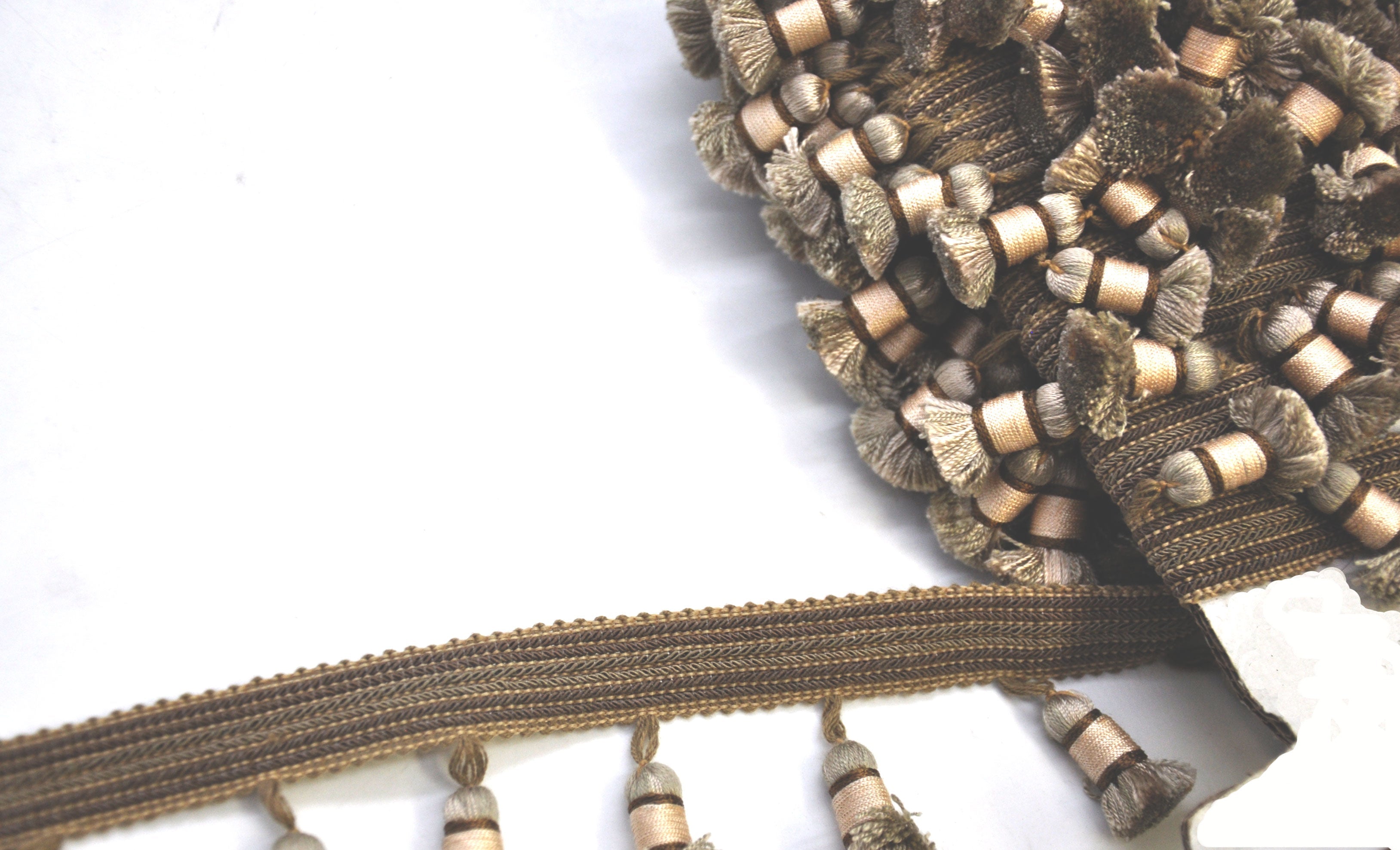 Godiva Collection - 2 1/2" length SMALL TASSEL FRINGE (25 Yard Roll) - BF-4099-82/28 Taupe and Beige