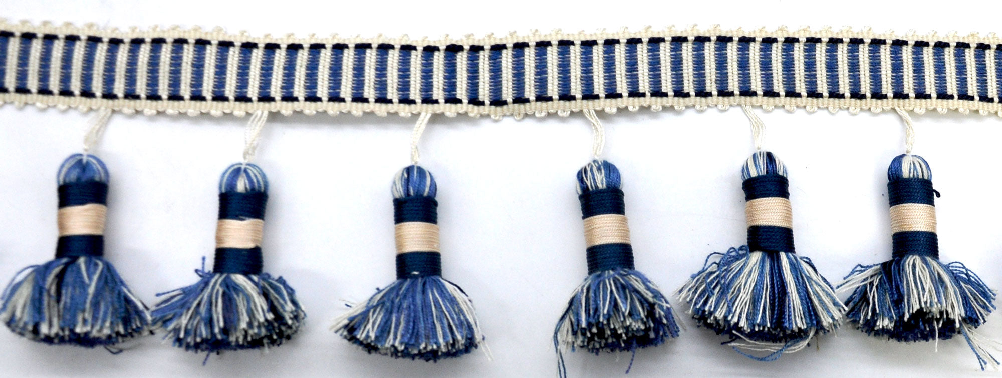 Godiva Collection - 4" length LARGE TASSEL FRINGE (25 Yard Roll) - BF-4098-05/24 Navy Blue and Ivory