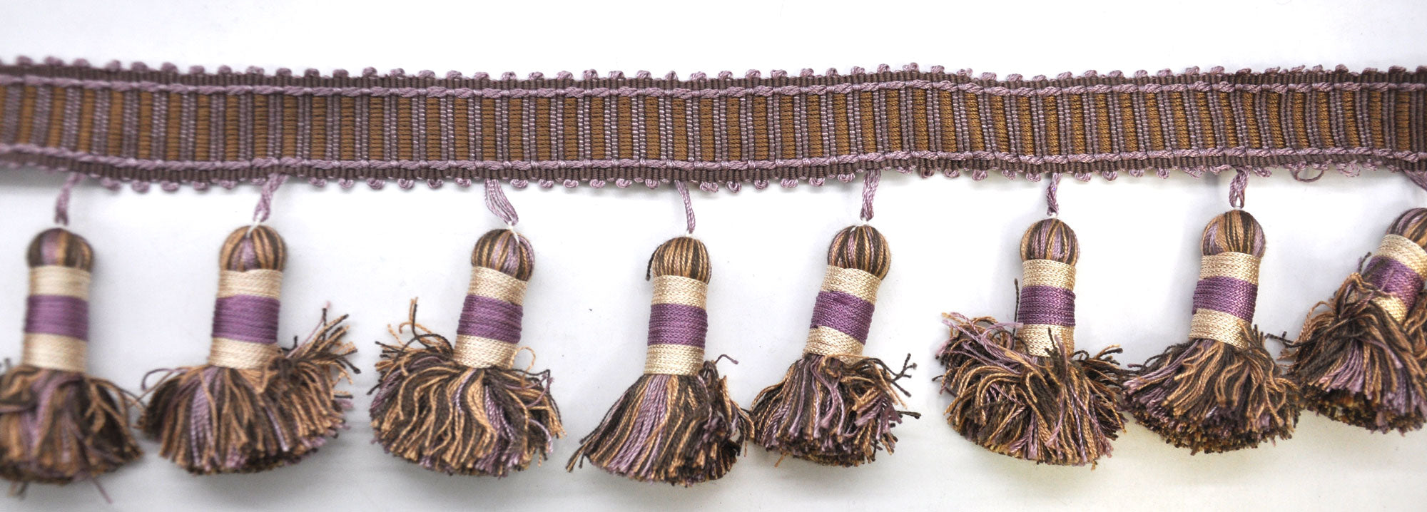 Godiva Collection - 4" length LARGE TASSEL FRINGE (25 Yard Roll) - BF-4098-21/38 Lilac and Toffee