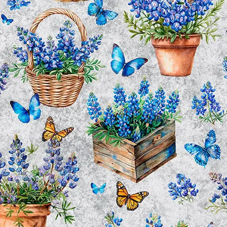 Gray Potted Bluebonnets Cotton 44"/45" Fabric Per Yard