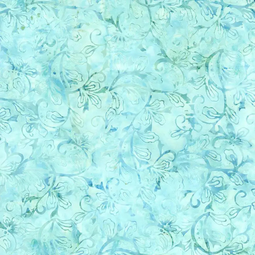 Green Aqua Shore Swirl Tropical Leaves Batik Cotton Wideback Fabric ( 1 yard pack )