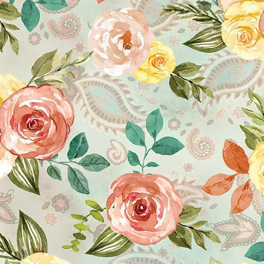 Green Seafoam Country Time Roses Cotton Wideback Fabric per yard
