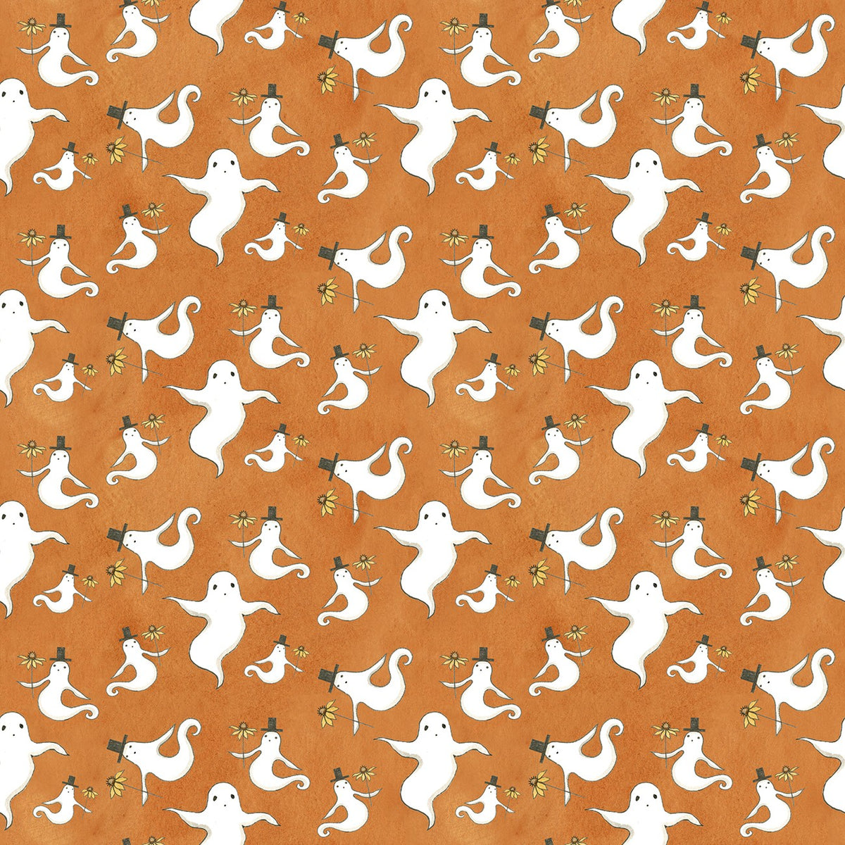 Spooky Ghosts Orange 45' wide fabric per yard