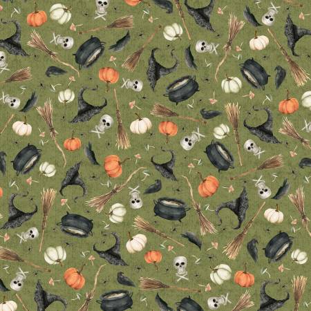 P&B Textiles Hocus Pocus Small Halloween Toss quilting fabric in Green