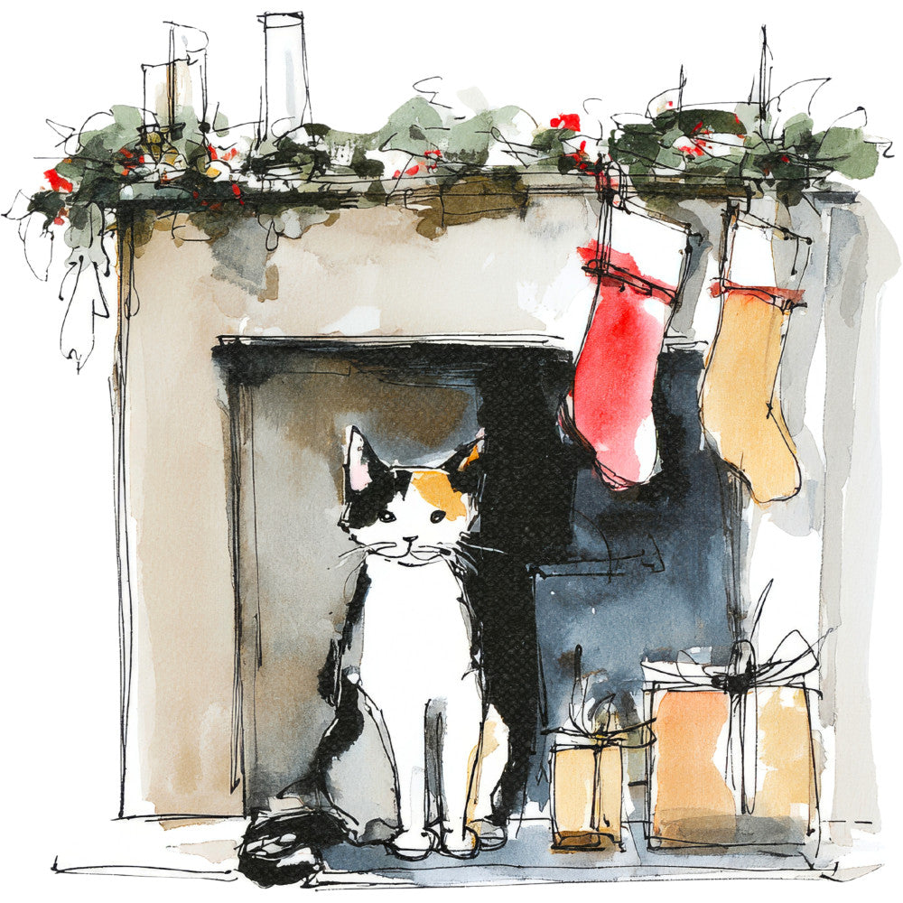 Handdrawn Christmas Cats Fabric Panel 47 QuiltingFabricPanels