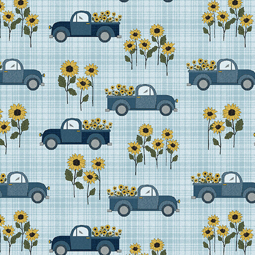 Heartland Country Road Trucks quilting fabric in light turquoise by Cheryl Haynes for Benartex, vintage truck country print on cotton, sold by the yard