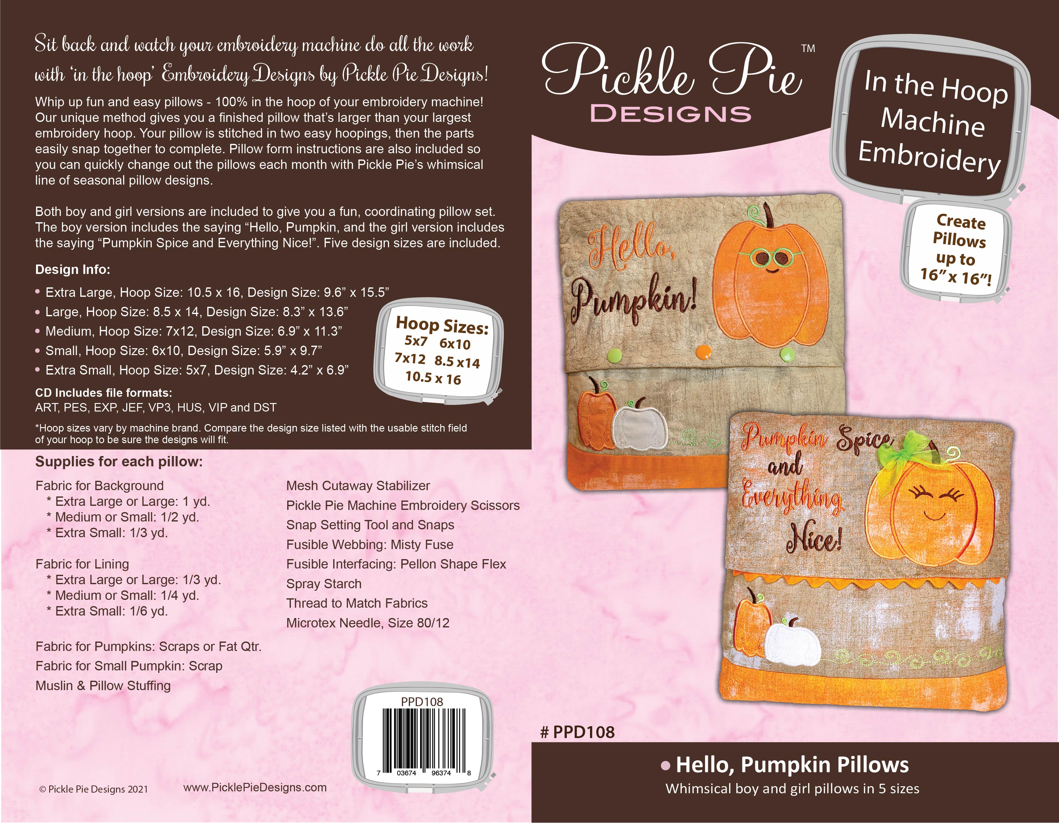 Hello Pumpkin Pillows In the Hoop Embroidery Design Collection