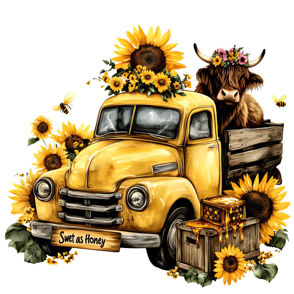 Highland Cows in Vintage Trucks Fabric Panel 1 QuiltingFabricPanels