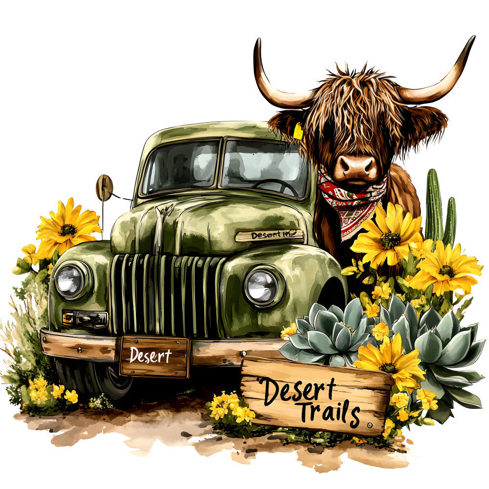 Highland Cows in Vintage Trucks Fabric Panel 3 QuiltingFabricPanels