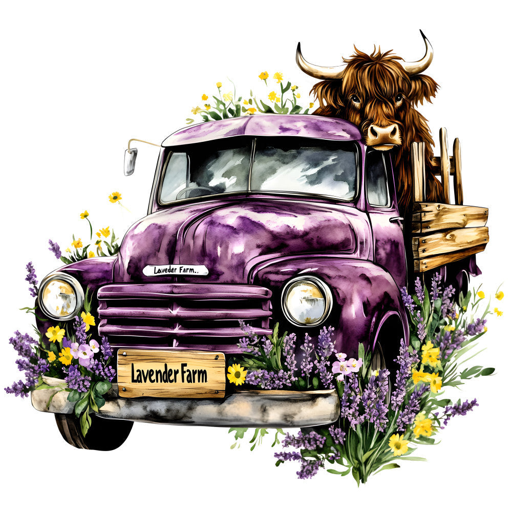 Highland Cows in Vintage Trucks Fabric Panel 4 QuiltingFabricPanels