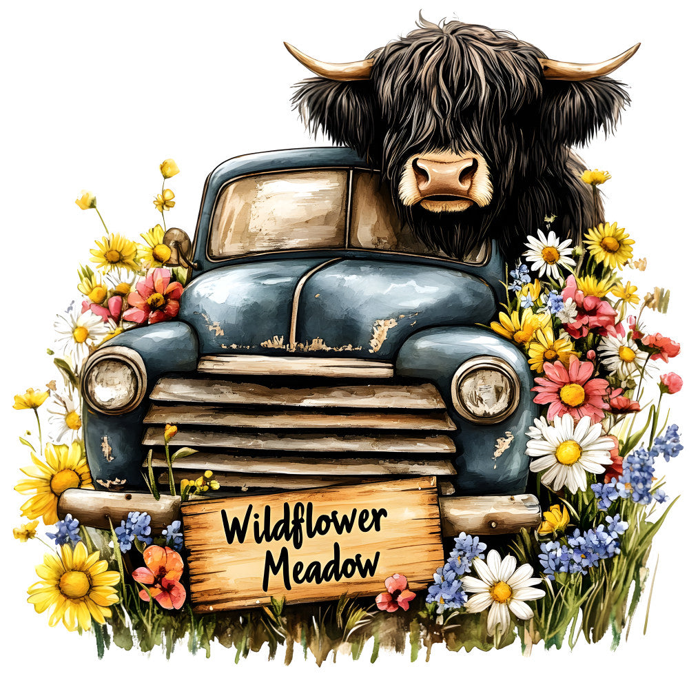 Highland Cows in Vintage Trucks Fabric Panel 9