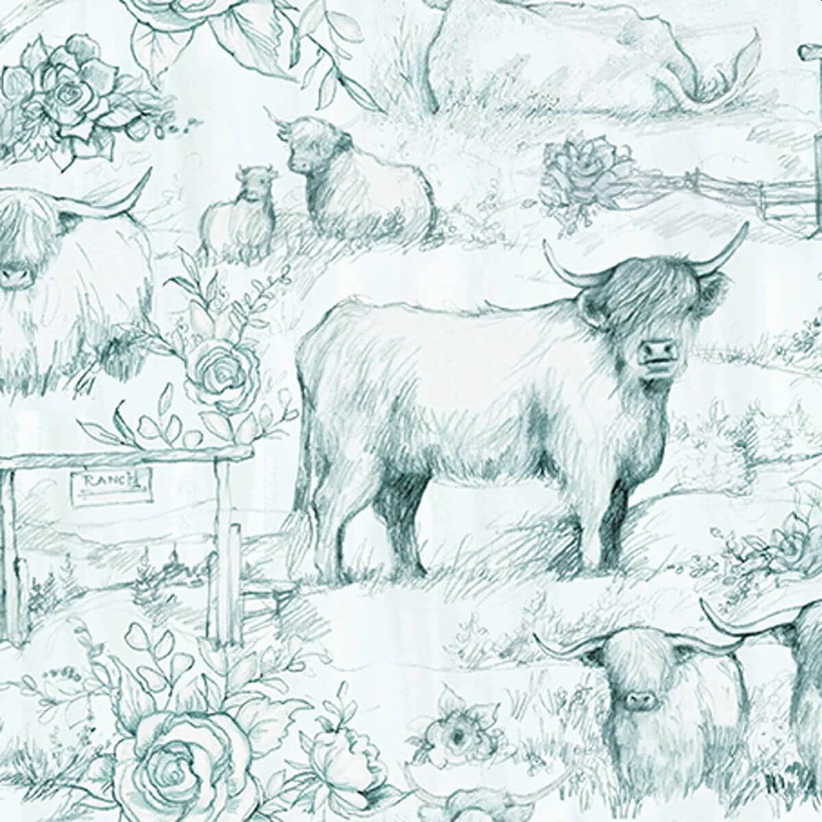 Highland Ranch - Highland Cow Pencil Sketch 44" / 45" Fabric Per Yard