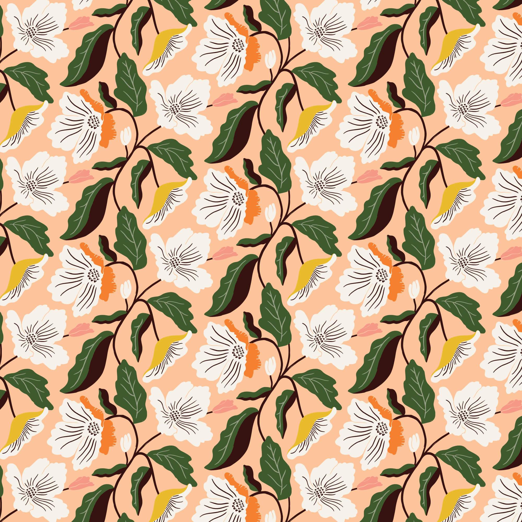 Honey Garden Irises quilting fabric in peach by Juliana Tipton for Cloud9 Fabrics, iris print on peach cotton, sold by the yard