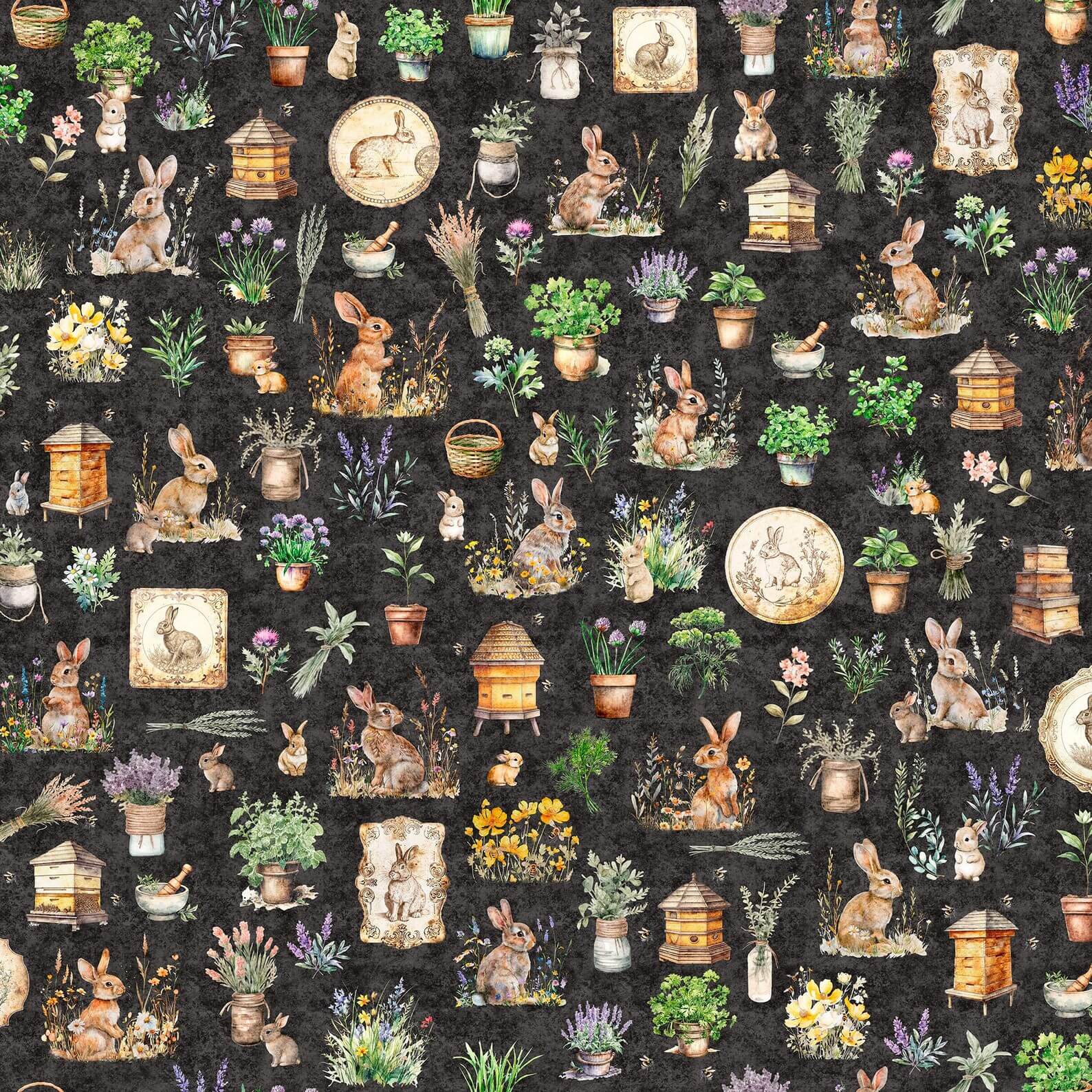 Hunny Bunny - Bunny Allover - Charcoal 44" / 45" Fabric Per Yard The Fabric Company