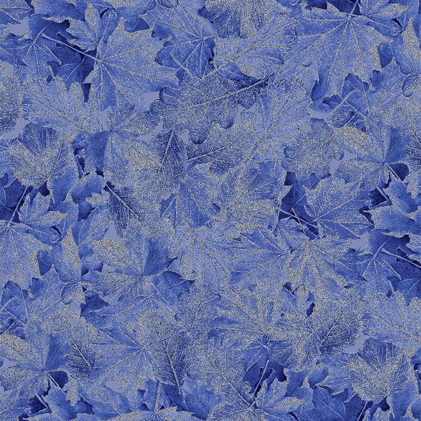 Ice Winter Large Leaves Glitter Blue Cotton 43"/44" Fabric Per Yard