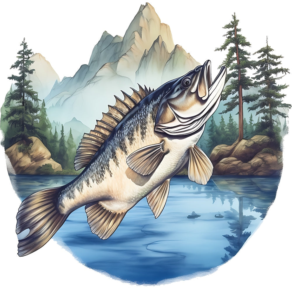Jumping Bass Fish Scene Fabric Panel 6