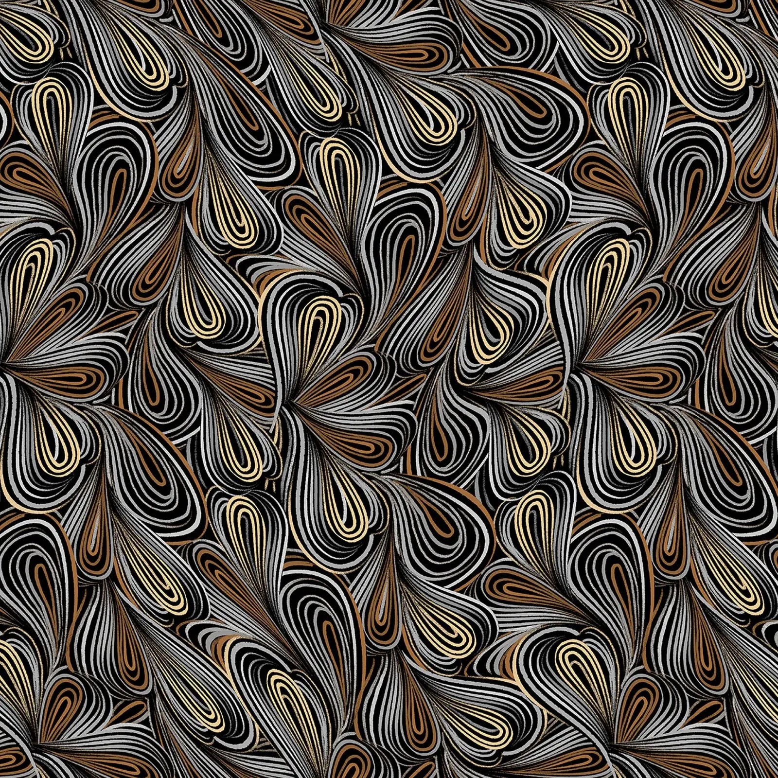 Multi color modern swirl wideback fabric. Colors consist of cream, grey, white and brown on a dark background. 