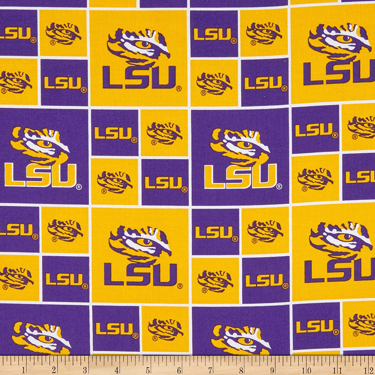 LSU Tigers licensed collegiate quilting fabric by Sykel Enterprises, purple and gold team print on cotton, sold by the yard