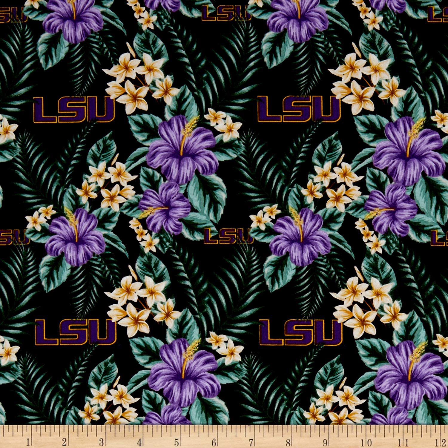 LSU Tigers Tropical licensed collegiate quilting fabric, purple and gold tropical print on cotton, sold by the yard