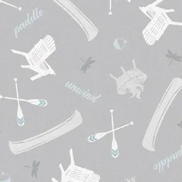 Lake Retreat Lakeside Toss quilting fabric in gray by Wilmington Prints, lakeside motif print on gray cotton, sold by the yard