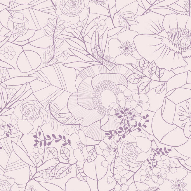 Lavender Floral Sketch Cotton 44"/45" Fabric Per Yard