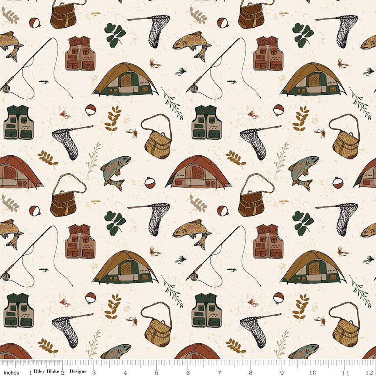 Let's Wander Gone Fishing Cream Cotton 43"/44" Fabric Per Yard