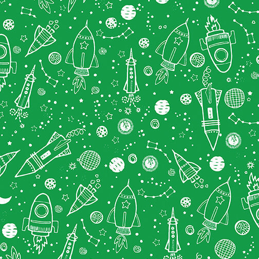 Lift Off Space Galaxy quilting fabric in green by Kanvas Studio for Benartex, rocket and planet print on green cotton, sold by the yard