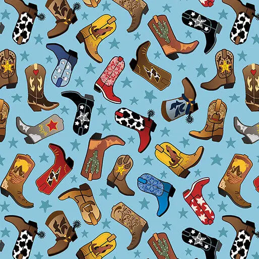Lil' Buckaroos - Lil' Western Boots - Blue 44" / 45" Fabric Per Yard The Fabric Company