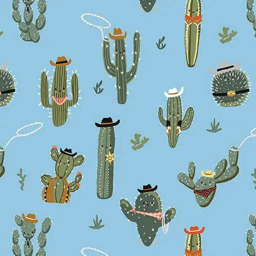 Lil' Buckaroos - Wild West Cactus - Blue 44" / 45" Fabric Per Yard The Fabric Company