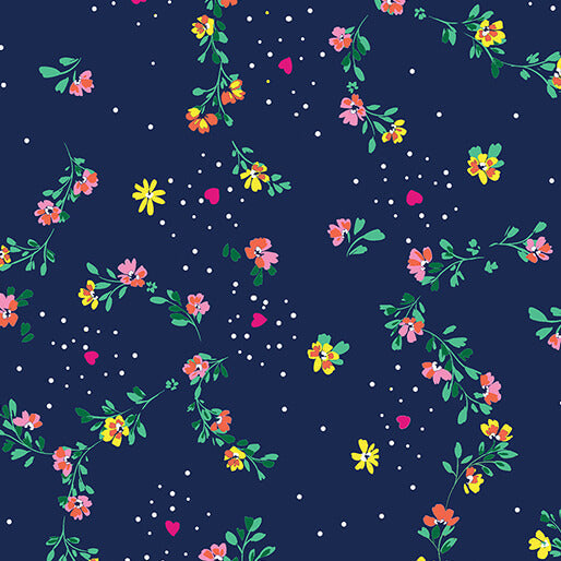 Benartex Love Grows Here floral trellis navy quilting cotton by the yard