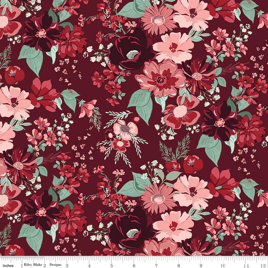 Riley Blake Love You Always main burgundy quilting cotton by the yard